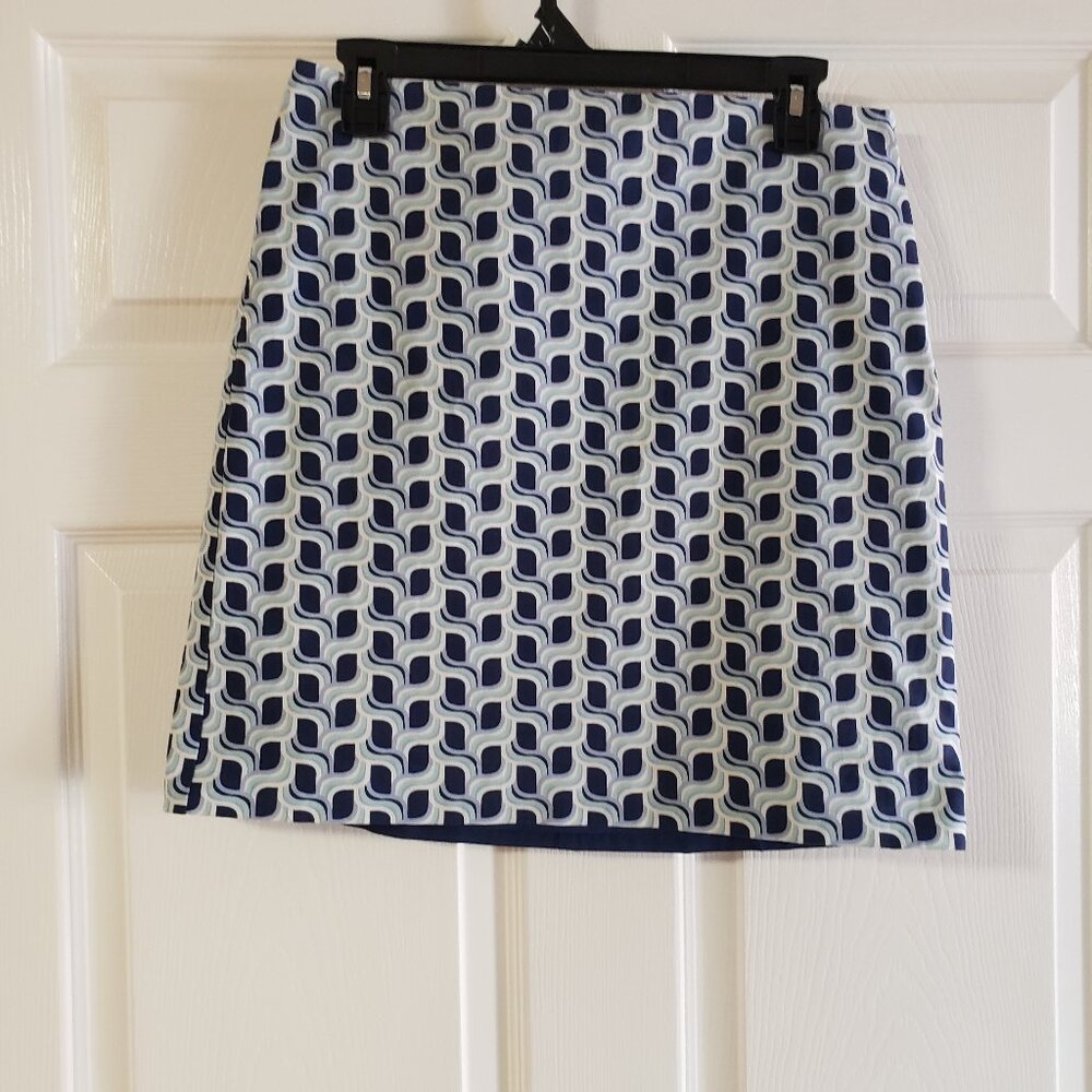 Talbots Short Pencil Skirt Navy Teal White Wavy Pattern Lined Size 6